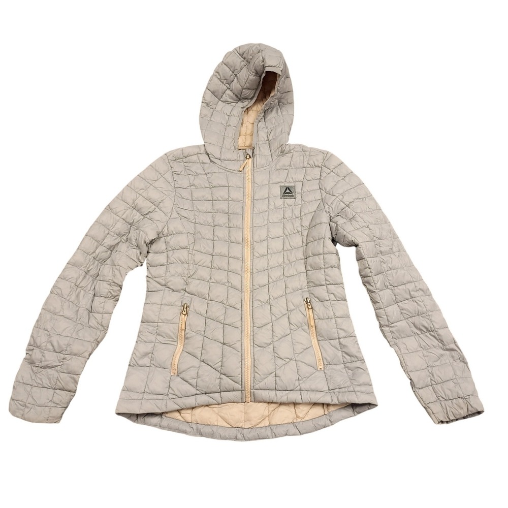 Reebok Puffer Jacket Womens Small Gray‎ Hooded Quilted Full Zip Insulated Coat